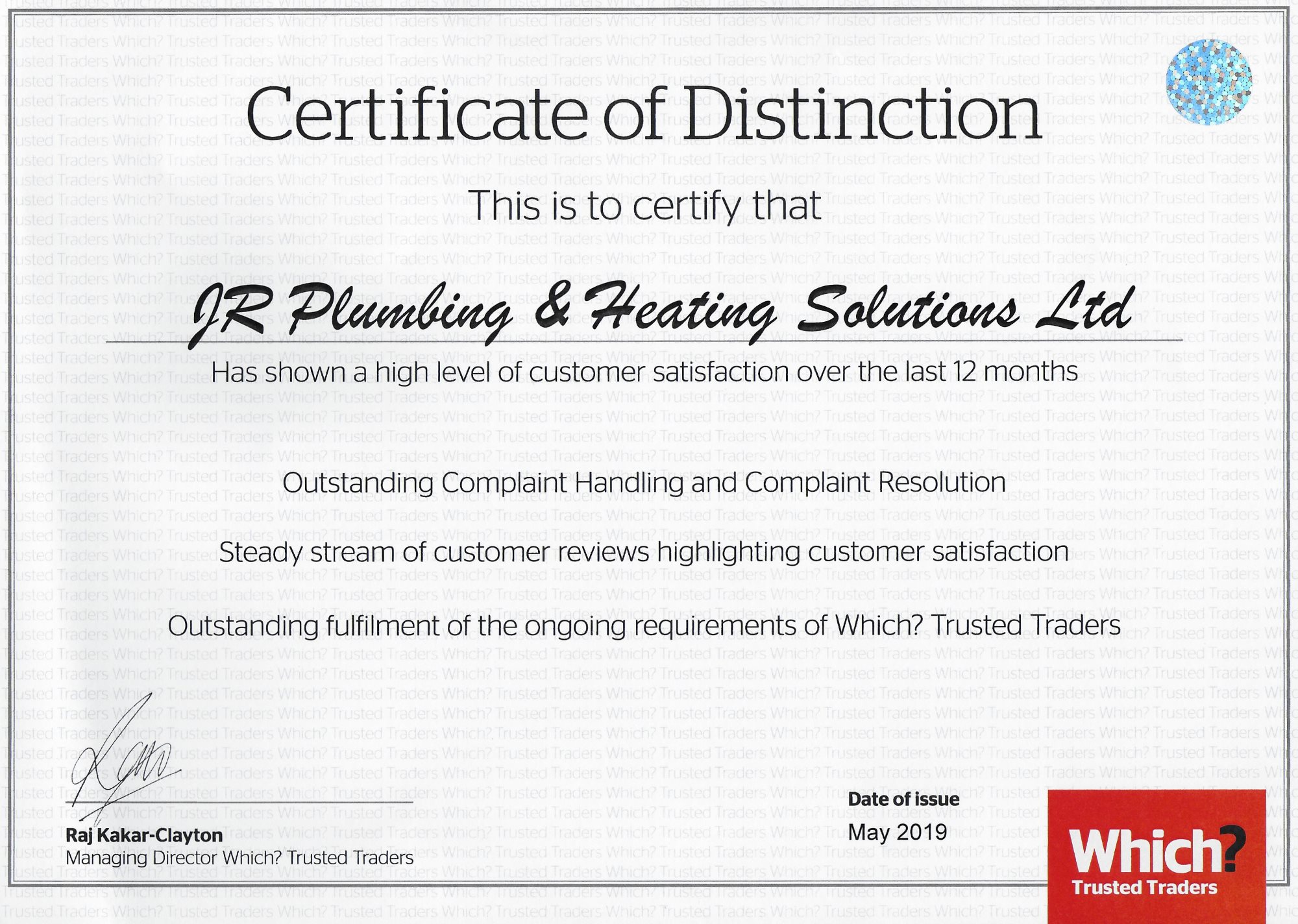 Certificate of Distinction Which? Trusted Trader JR Plumbing